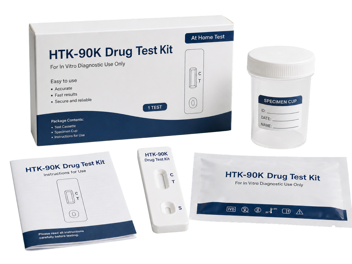 Complete HTK-90K Drug Test Kit package contents on a transparent background