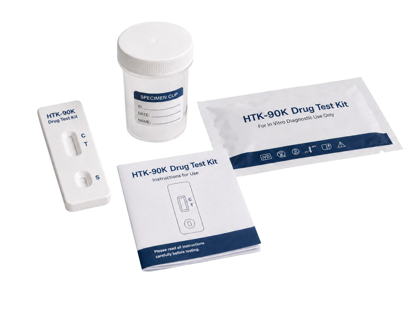 HTK-90K Drug Test Kit components including cassette, specimen cup, sealed pouch and instructions
