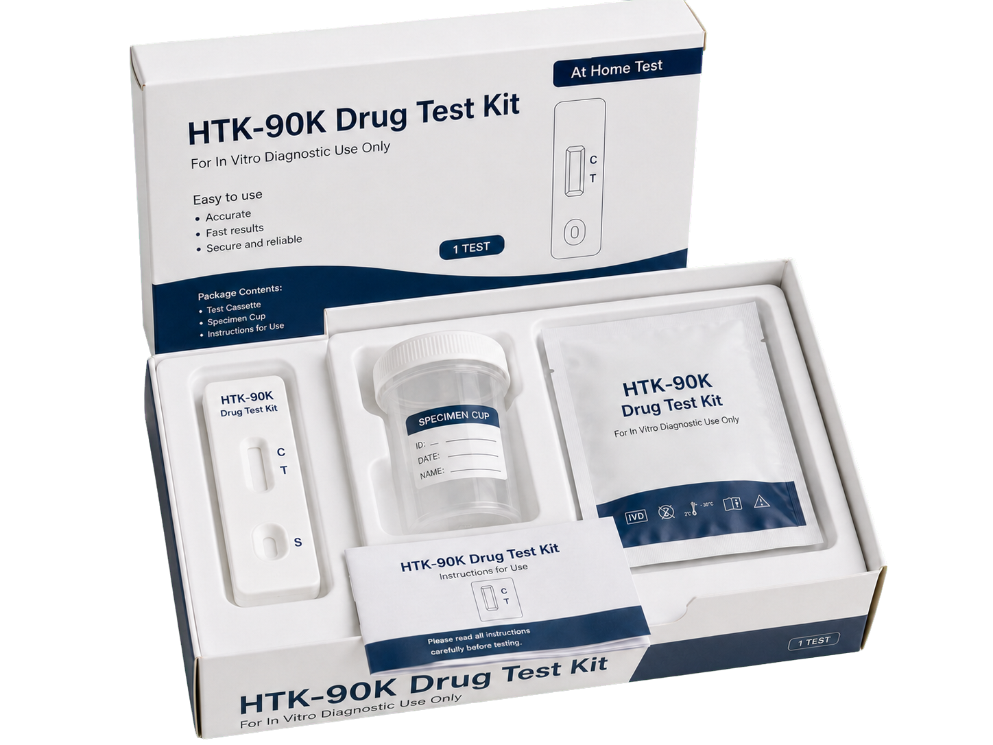 HTK-90K Drug Test Kit open box with test cassette, specimen cup, sealed pouch and instructions